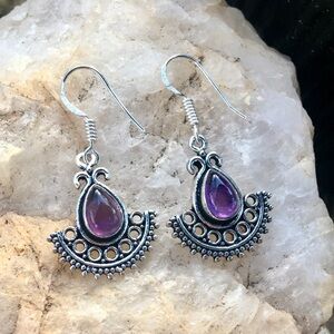 Amethyst teardrop boho fan earrings